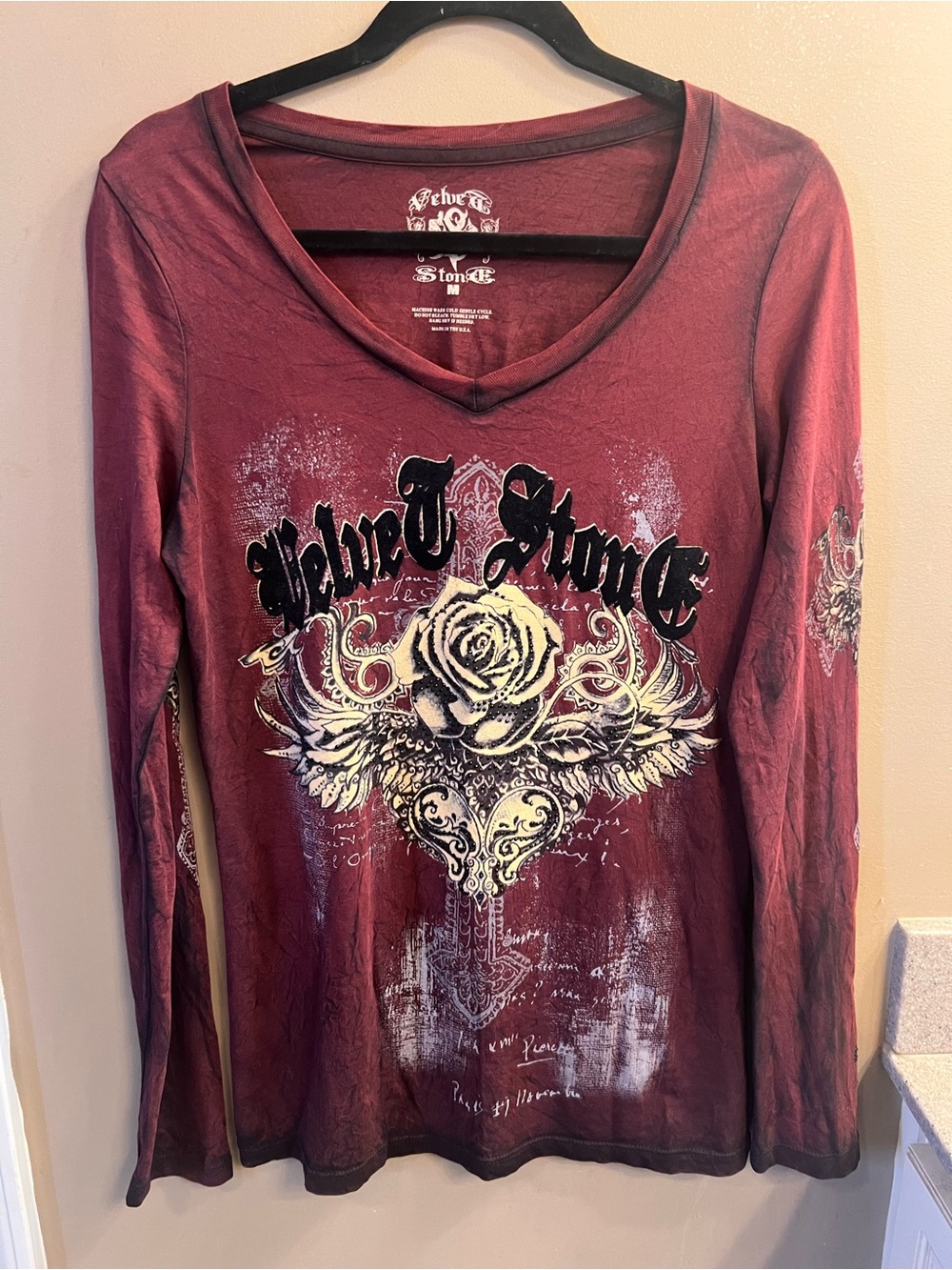 Velvet Stone Maroon Graphic V-Neck Long Sleeve Top